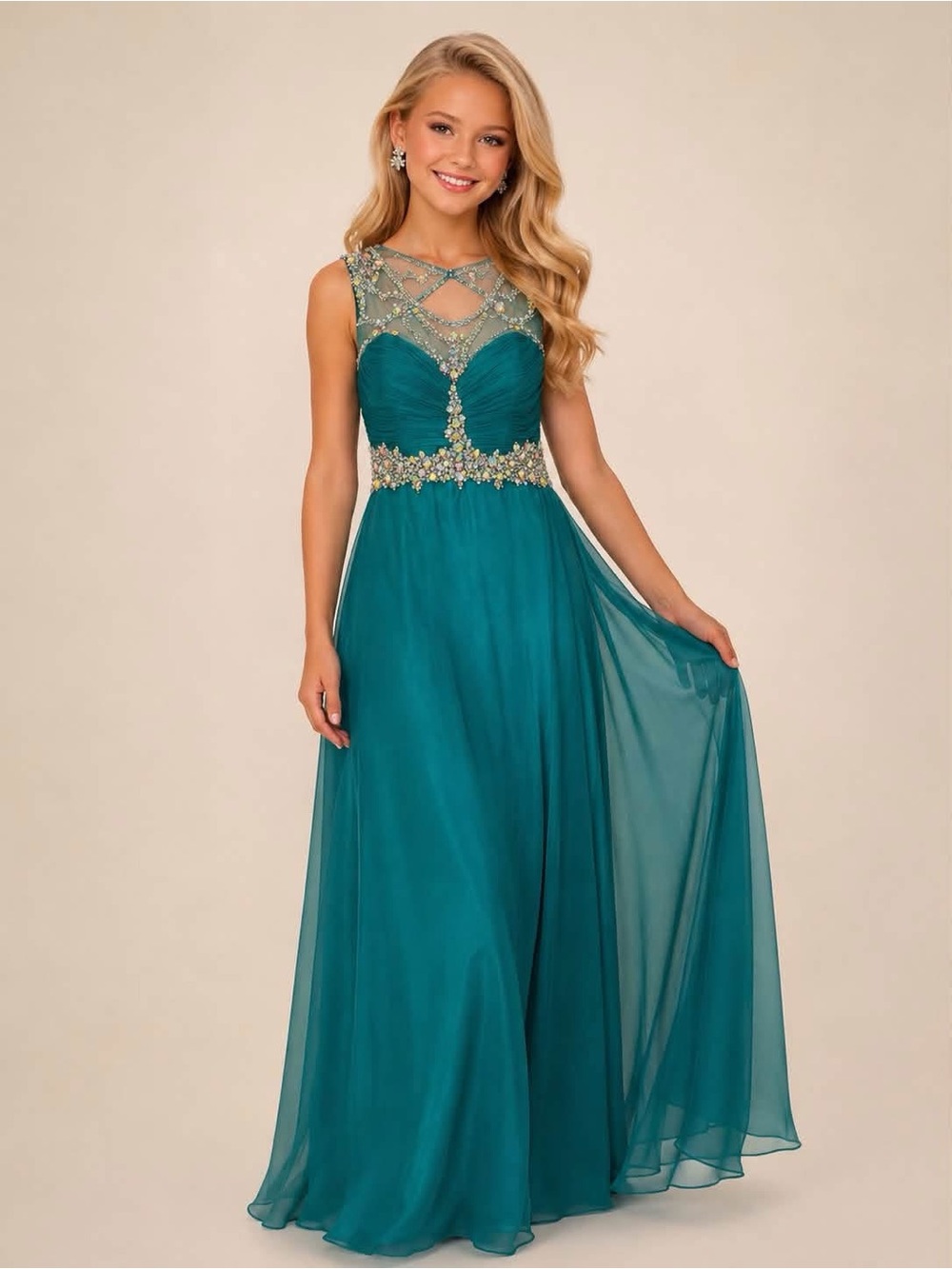 Sleeveless Teal Beaded Maxi Dress with Illusion Neckline